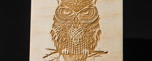 owl wood engraving centered on a light square wood plate